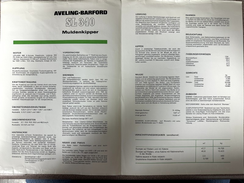 IMG_9537 | Merrick Auto Museum Two-page technical brochure for Aveling-Barford SL340 Muldenkipper with German specifications.