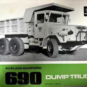 Vintage black-and-white photo of an Aveling-Barford 690 dump truck with a six-wheel rear drive and large cargo bed.