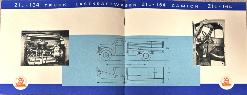 IMG_9544 | Merrick Auto Museum Open brochure showcasing a ZIL-164 truck blueprint with a side-view schematic in the center, engine photo on the left, and cab interior photo on the right.
