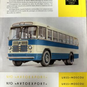 Cover image of a LiAZ-158V bus brochure featuring a blue-and-cream bus and a yellow logo panel with URSS–MOSCOU text and French descriptive text.