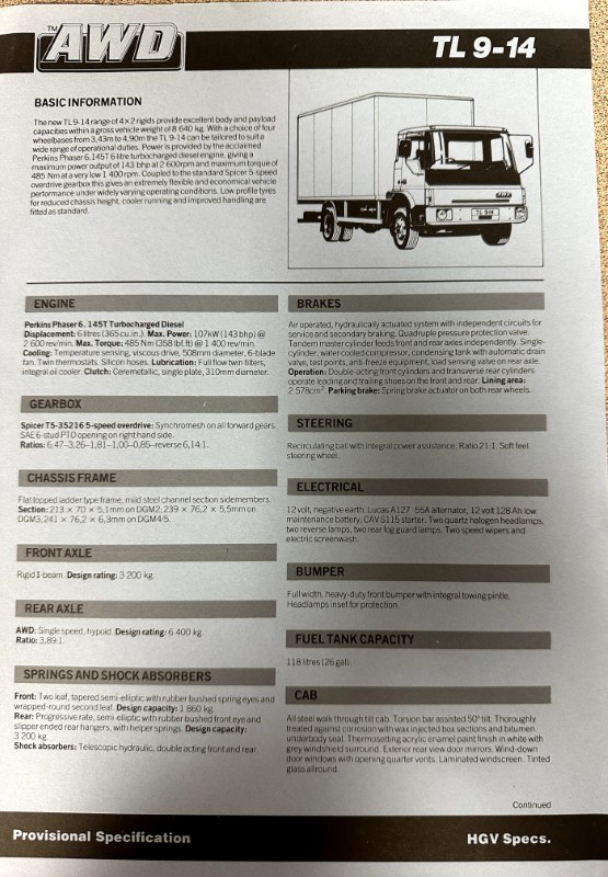 IMG_9563 | Merrick Auto Museum TL 9-14 truck specification sheet with a photo of a box truck and sections for engine, brakes, steering, electrical, and more.
