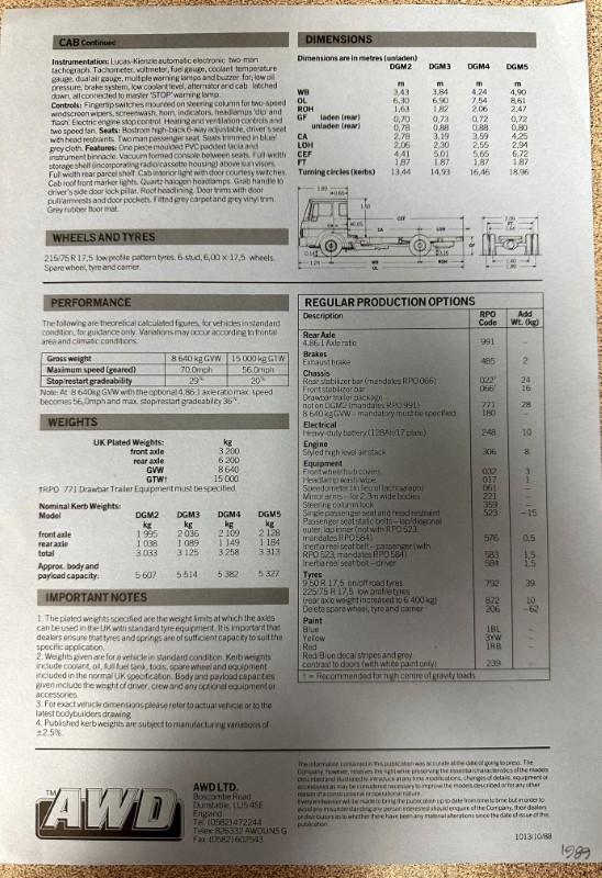 IMG_9564 | Merrick Auto Museum Spec sheet for an AWD vehicle with dimensions, weights, performance data, options, and a technical diagram.