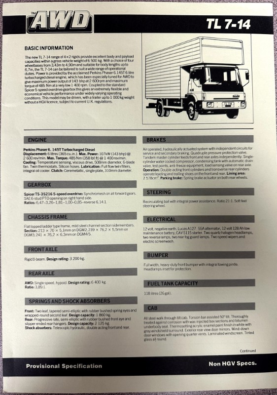 IMG_9565 | Merrick Auto Museum Spec sheet page for AWD TL 7-14 truck: shows a line drawing of a cab-over truck and lists basic information and specs (engine, gearbox, chassis, brakes, steering, electrical, fuel tank, bumper, etc.).