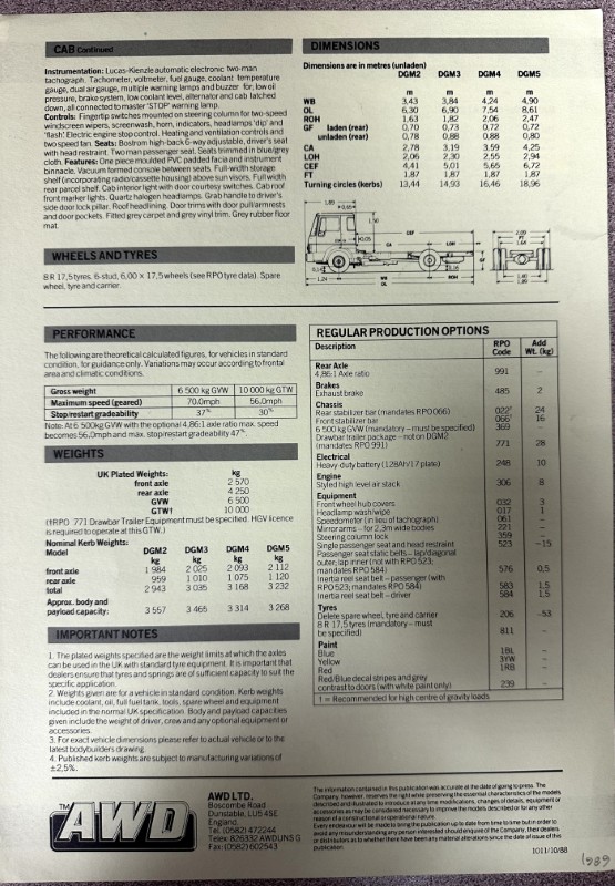 IMG_9566 | Merrick Auto Museum Two-page specification sheet for an AWD truck showing dimensions, wheels and tyres, performance, weights, production options, and an illustrated side diagram of the cab with turning circles.