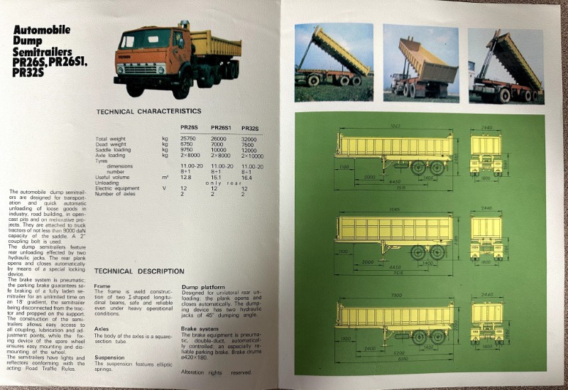 IMG_9571 | Merrick Auto Museum Brochure page for Automobile Dump Semitrailers PR26S/PR26S1/PR32S, showing a truck image, technical specifications, and engineering drawings/diagrams.