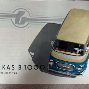 Top-down photo of a vintage Barkas B1000 box-type delivery van in blue and beige on a brochure cover.