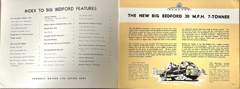 IMG_9580 | Merrick Auto Museum Open brochure spread: left page lists 'Index to Big Bedford Features'; right page titled 'The New Big Bedford 30 M.P.H. 7-Tonner' with a vintage yellow truck illustration.
