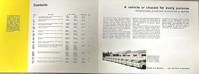 IMG_9583 | Merrick Auto Museum Open brochure showing a two-page spread: left page has a yellow column and a list titled 'Contents'; right page features a vehicle ad with the headline 'A vehicle or chassis for every purpose' and an image of Bedford trucks along a road.