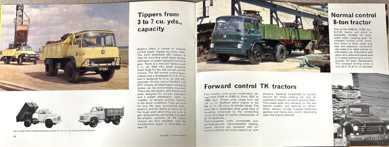 IMG_9584 | Merrick Auto Museum Two-page catalog spread showing vintage heavy-duty trucks and tractors with caption boxes about tippers and control features.
