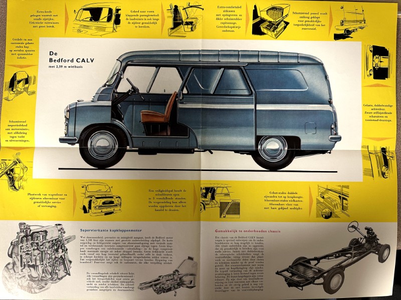 IMG_9587 | Merrick Auto Museum Vintage Bedford CALV van advertisement showing a blue panel van with open side door, surrounded by yellow technical diagrams.