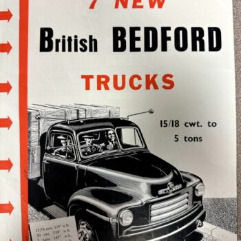 Vintage ad for 7 new British Bedford trucks (15/18 cwt to 5 tons) with a black truck illustration and bold red/black typography.