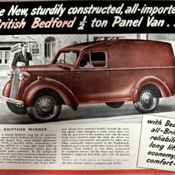 Vintage advertisement of a red Bedford 1/2-ton panel van on a city street, with bold headline about its sturdiness.