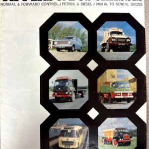 Magazine cover titled Bedford Vans/Trucks, Tippers & Bus Chassis, featuring six hexagonal photo cutouts of vintage trucks on roads and fields.