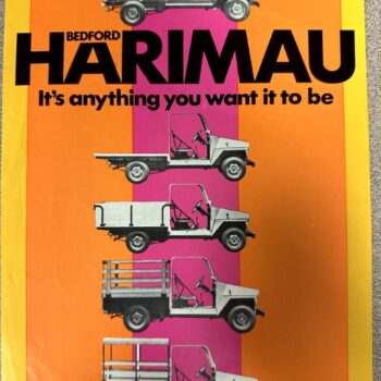 Poster advertising Bedford Harimau utility trucks, with a pink vertical stripe and the slogan 'It's anything you want it to be' alongside multiple small vans lined down the stripe.