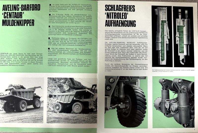 IMG_9641 | Merrick Auto Museum Open brochure spread about Aveling-Barford Centaur dumpers; left page shows a dump truck image with German text and green background, right page covers 'Nitroloe' suspension with a photo of suspension components.