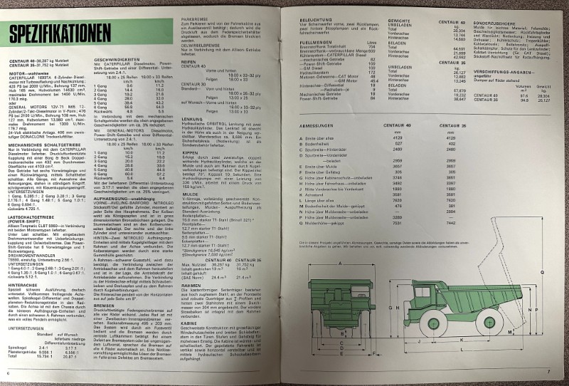 IMG_9642 | Merrick Auto Museum Two-page German specs spread titled SPEZIFIKATIONEN, with multiple tables of dimensions, weights, and engine data, plus a labeled green truck diagram on the right.
