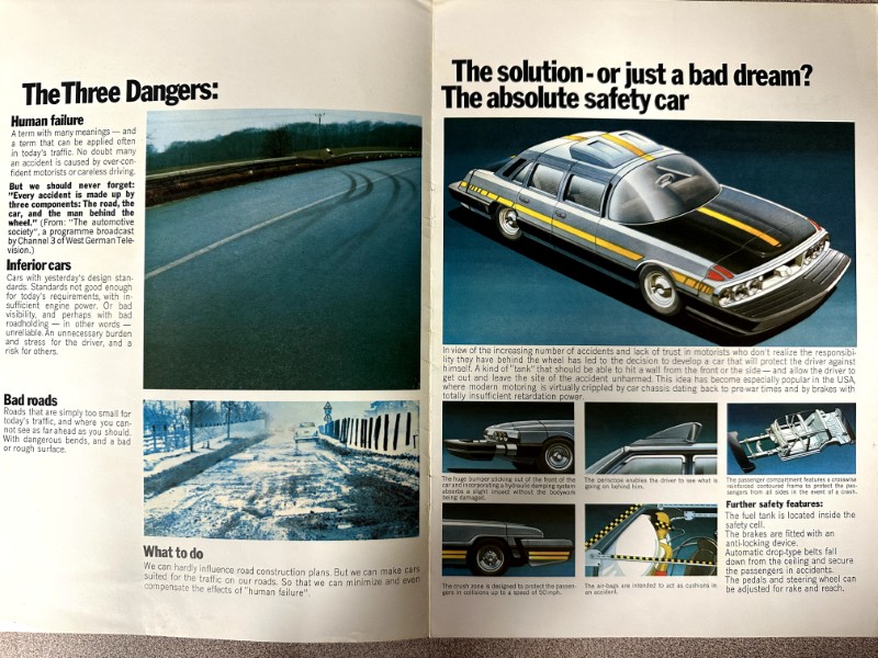 IMG_9653 | Merrick Auto Museum Two-page magazine spread about driving safety: left side explains dangers and bad roads with photos, right side shows a futuristic safety car and feature callouts.