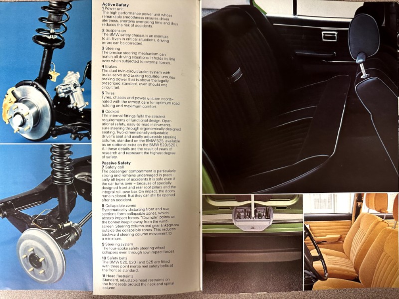 IMG_9666 | Merrick Auto Museum Collage from a car brochure showing suspension, brakes, front interior seat area, and steering wheel focus pieces undercarriage and interior components.