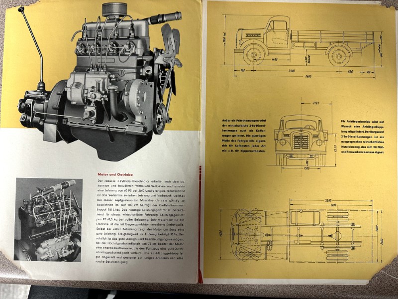 IMG_9681 | Merrick Auto Museum Two-page vintage brochure: left page shows a detailed diesel engine with components, right page has truck blueprints and measurements on yellow background.