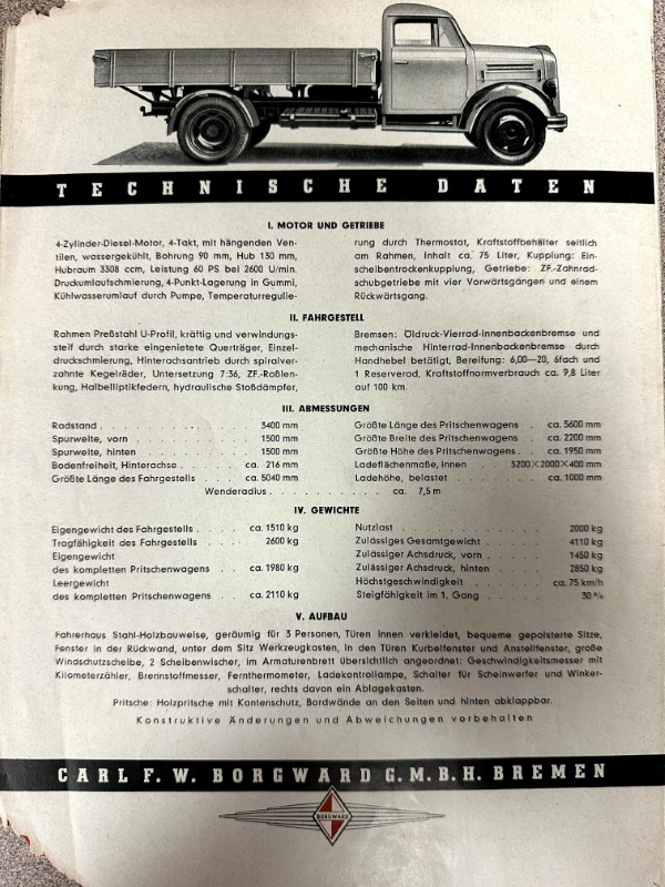 IMG_9682 | Merrick Auto Museum Black-and-white illustration of a vintage cargo truck on a German technical data sheet titled 'Technische Daten'.