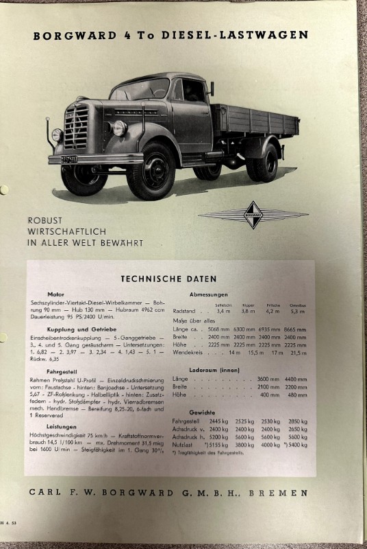 IMG_9696 | Merrick Auto Museum Vintage Borgward diesel truck advertisement showing a classic flatbed truck and a 'Technische Daten' data table from a German brochure.