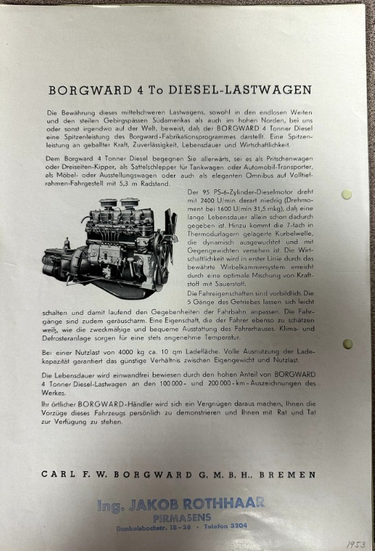 IMG_9697 | Merrick Auto Museum German advertisement page for Borgward 4-ton diesel truck; features a cutaway engine illustration with descriptive text, blue stamp, and the year 1953.