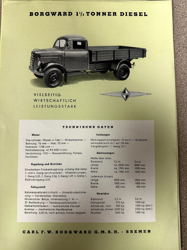 IMG_9698 | Merrick Auto Museum Front cover of a vintage Borgward 1/2-tonner diesel truck brochure showing a side-profile illustration of a gray pickup with a data panel below.