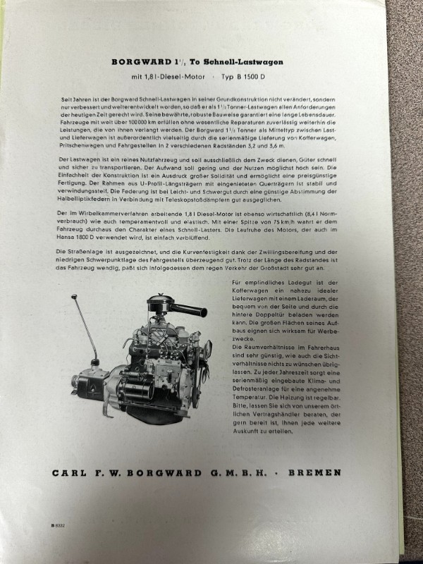 IMG_9699 | Merrick Auto Museum German Borgward brochure page showing a diesel engine image and dense technical text about the Schnell-Lastwagen.
