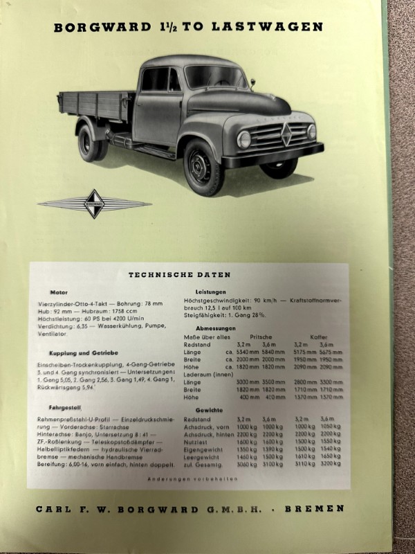 IMG_9704 | Merrick Auto Museum Vintage Borgward pickup truck advertisement on a pale yellow page; grayscale illustration of the truck with a German data table underneath.