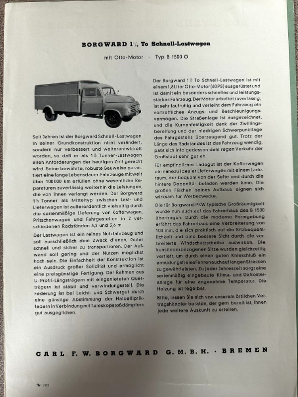 IMG_9705 | Merrick Auto Museum Vintage brochure page showing a Borgward 1 1/2-ton Schnell-Lastewagen (cargo van) with German descriptive text and a photo on the left; includes Otto-Motor Typ B 1500 O and Borgward branding at bottom.