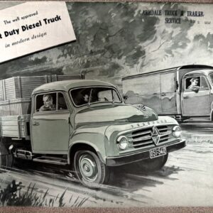 Vintage Borgward advertisement showing a light-duty diesel truck on a rural road with a flatbed trailer in the foreground and another truck in the background.