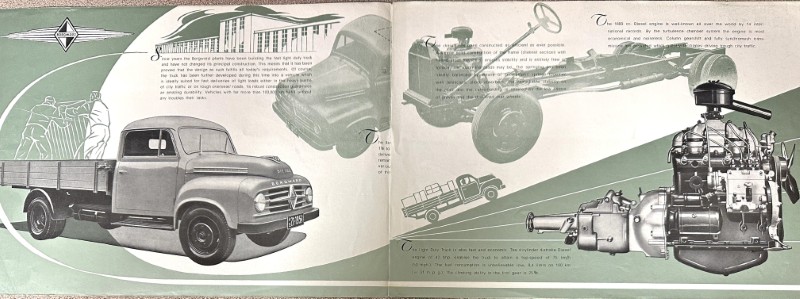 IMG_9710 | Merrick Auto Museum Vintage two-page ad collage: a classic mid‑century pickup truck on the left with engine illustrations and faded vehicle diagrams across a green-toned spread.