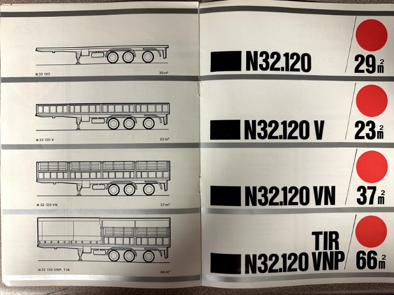 IMG_9776 | Merrick Auto Museum Two-page catalog spread showing four side views of trailer models (N32.120, N32.120 V, N32.120 VN, N32.120 VNP/TIR) with wheel configurations; on the right column, model names next to a red circle and their floor area: 29 m², 23 m², 37 m², and 66 m².
