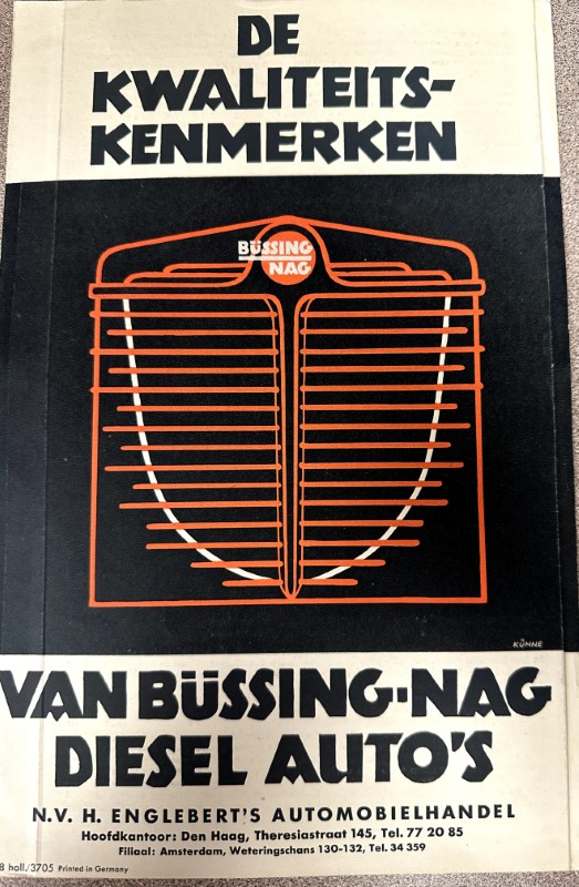 IMG_9780 | Merrick Auto Museum Vintage Dutch advertisement/book cover for Van Büssing-NAG Diesel Auto's, showing bold titles 'DE KWALITEITSKENMERKEN' and 'VAN BÜSSING-NAG DIESEL AUTO'S' with an orange radiator illustration central to the design.