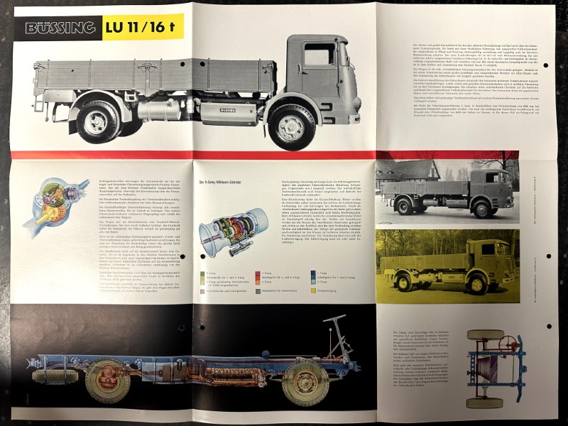 IMG_9788 | Merrick Auto Museum Vintage Büssing truck brochure spread showing a large side view truck and cutaway diagrams with text blocks and smaller vehicles on the right panels.