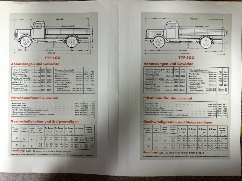 IMG_9802 | Merrick Auto Museum Two-page manual spread showing side-profile drawings of vintage trucks (Typ 400 left, Typ 500 right) with dimension diagrams and tables of measurements, weights, and speeds.