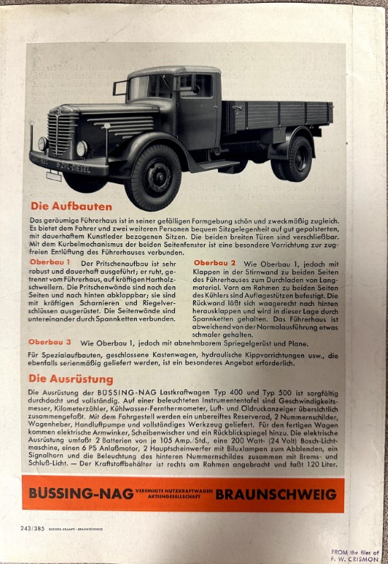 IMG_9803 | Merrick Auto Museum Vintage Büssing-NAG truck displayed on a catalog page with German descriptive text and an orange Braunschweig banner at the bottom.