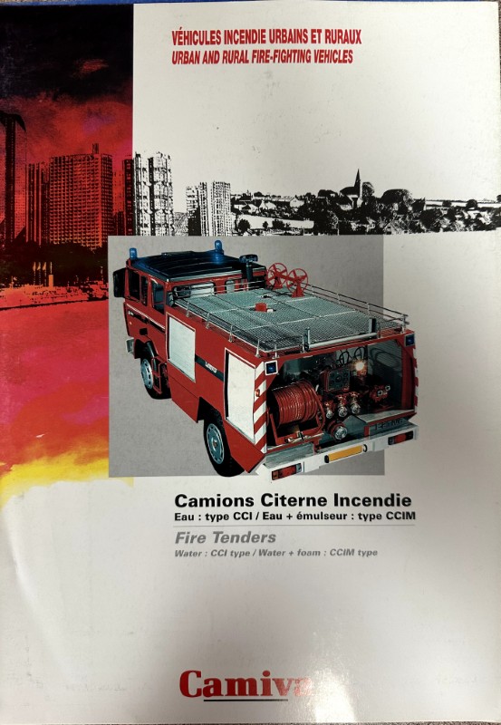 IMG_9831 | Merrick Auto Museum Red fire truck with hose reel on a product brochure cover, title reads 'Camions Citerne Incendie' and 'Fire Tenders'.