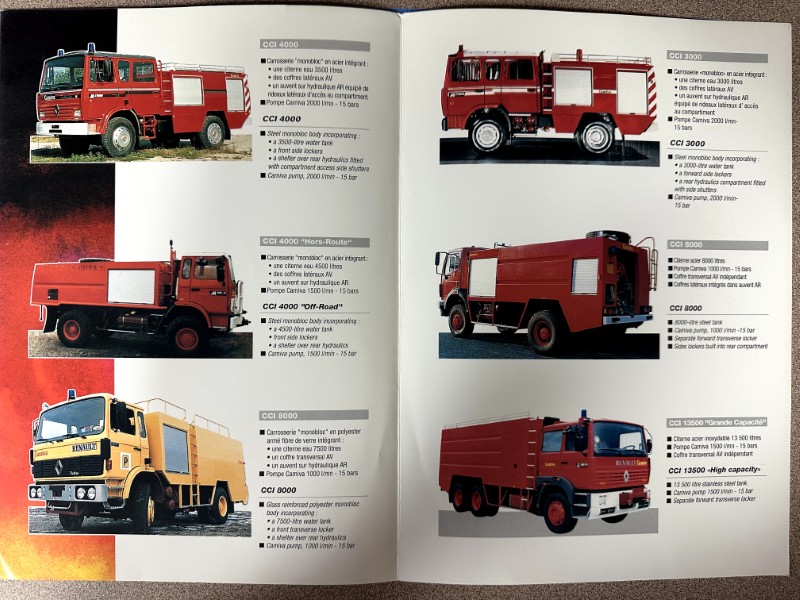 IMG_9832 | Merrick Auto Museum Two-page catalog spread displaying multiple red fire trucks with side panels of model descriptions and specs beside each image.