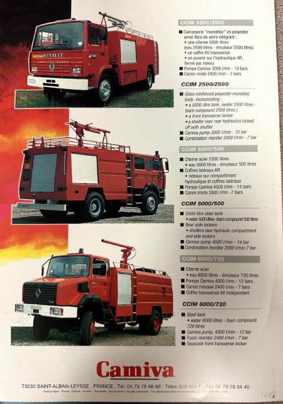 IMG_9833 | Merrick Auto Museum Catalog page showing three Camiva fire trucks in red, with model specs listed on the right.