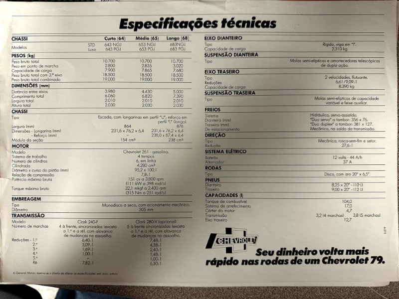 IMG_9881 | Merrick Auto Museum Portuguese Chevrolet technical specifications sheet titled 'Especificações técnicas' with dimensions, engine, transmission, and capacities