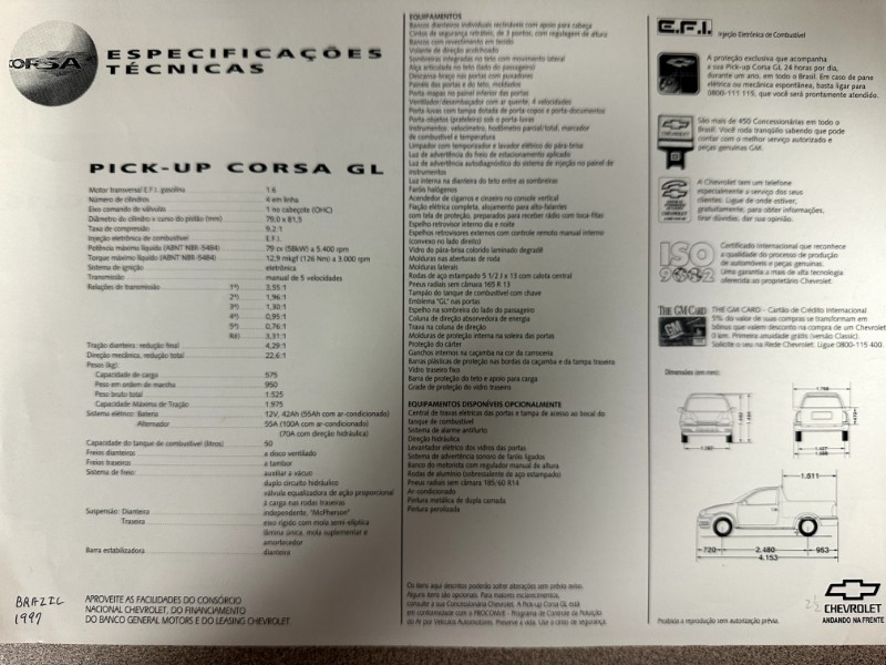 IMG_9899 | Merrick Auto Museum Tri-fold brochure page with technical specs for Chevrolet Pick-up Corsa GL: engine data, dimensions, equipment, and diagrams in Portuguese.