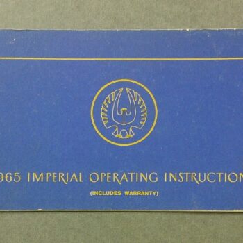 Imperial1 Custom | Merrick Auto Museum Blue booklet cover titled '1965 Imperial Operating Instructions' with a gold seal emblem and 'Includes Warranty' note.