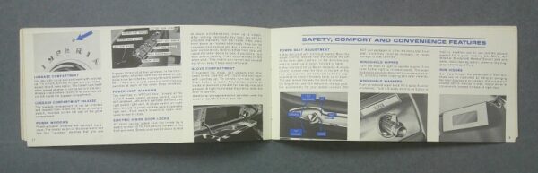 Imperial3 Custom | Merrick Auto Museum Open Imperial car brochure spread describing safety, comfort, and convenience features with labeled diagrams and a blue arrow.