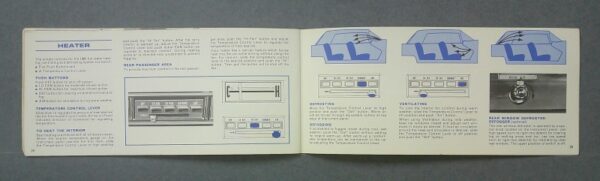 Imperial4 Custom | Merrick Auto Museum Open booklet showing car heater features, control panel image, and short captions; left page lists controls, right pages show blue diagrams of seats and defroster steps.