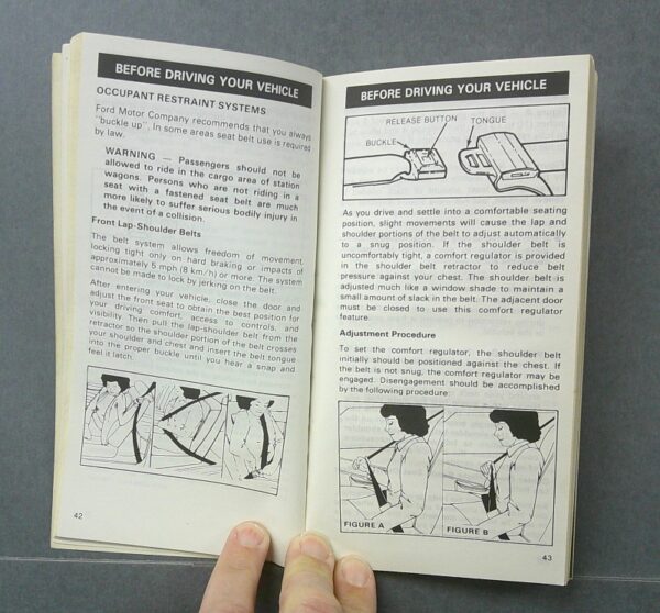 LTD2 Custom | Merrick Auto Museum Open instruction booklet showing 'Before Driving Your Vehicle' safety pages with diagrams and text.