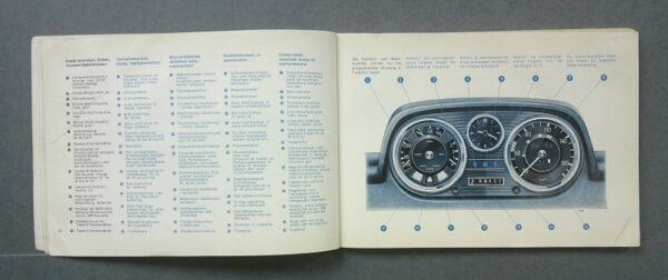 MB2 Custom | Merrick Auto Museum Open book displaying a labeled car dashboard diagram on the right page and a column of text on the left page.