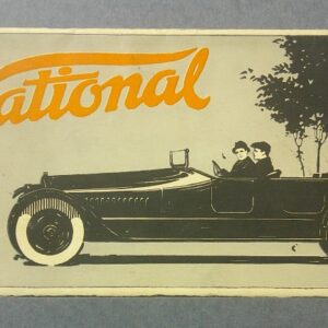 Vintage car advertisement featuring a long open-top roadster and the orange 'National' logo in the sky above the car.