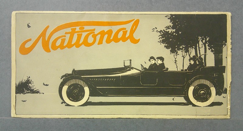 National1 Custom | Merrick Auto Museum Vintage car advertisement featuring a long open-top roadster and the orange 'National' logo in the sky above the car.