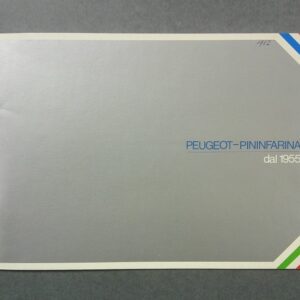 Silver booklet cover with blue 'PEUGEOT-PININFARINA' and 'dal 1955' text, corner stripes in red, blue, and green.